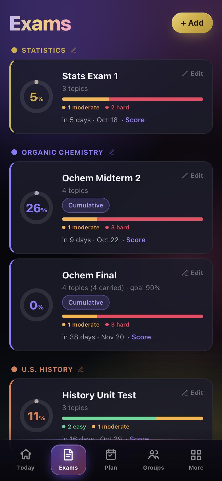 The Exams screen showing cumulative exams with carried topics and difficulty mix bars