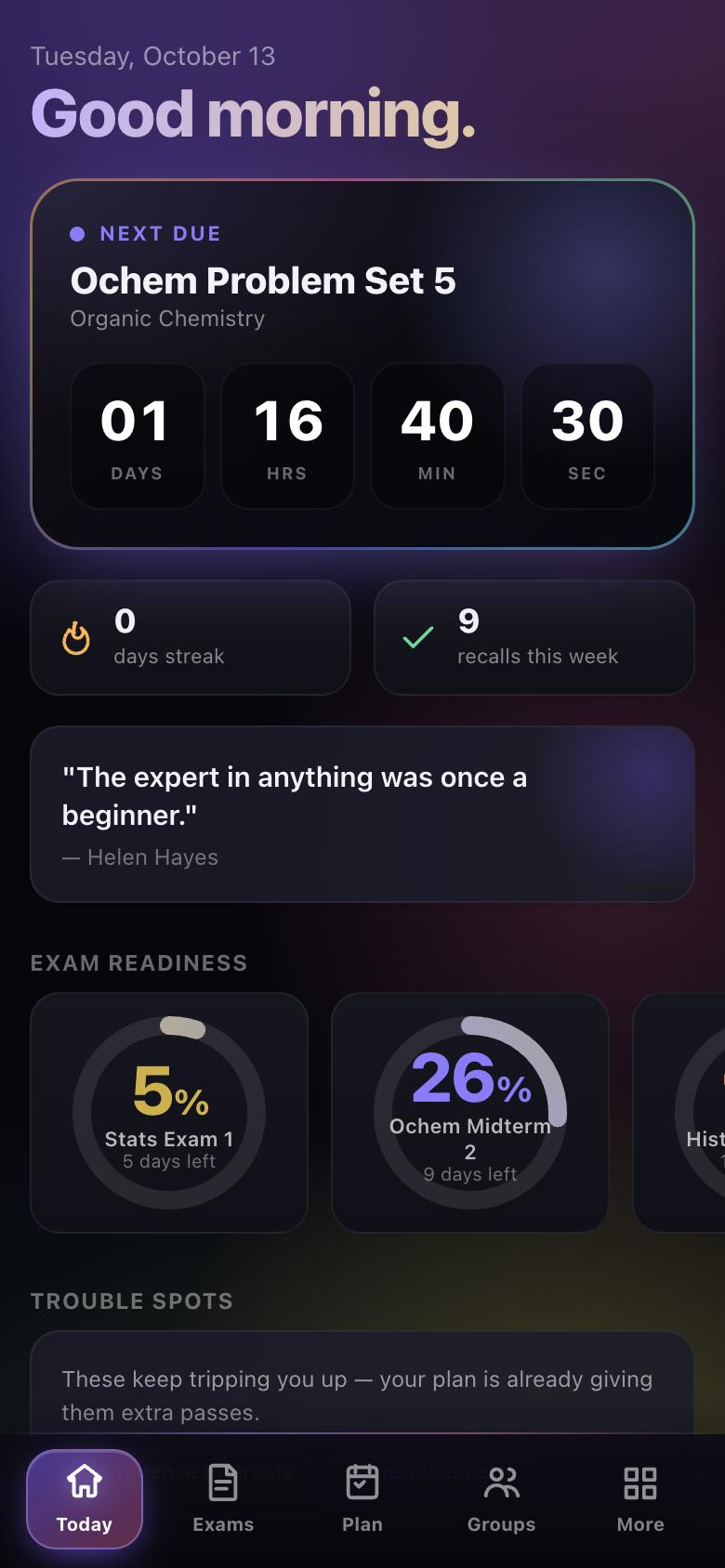 The CumLaude Today screen showing a countdown to the next deadline, exam readiness rings and today's study plan